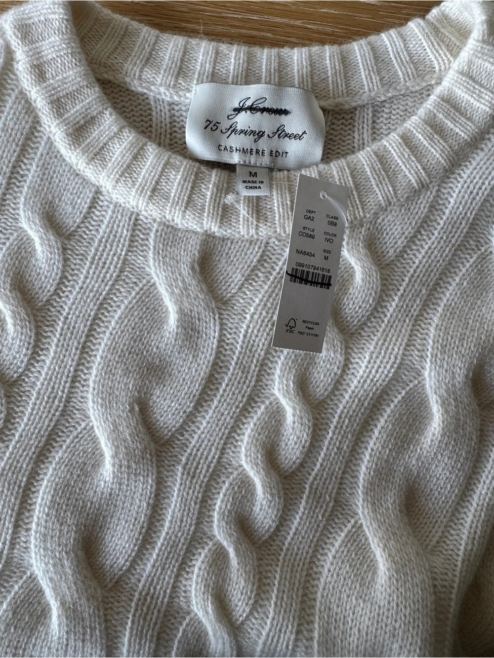NWT J. CREW Spring Street 100% cashmere twisted cable-knit sweater ivory M
